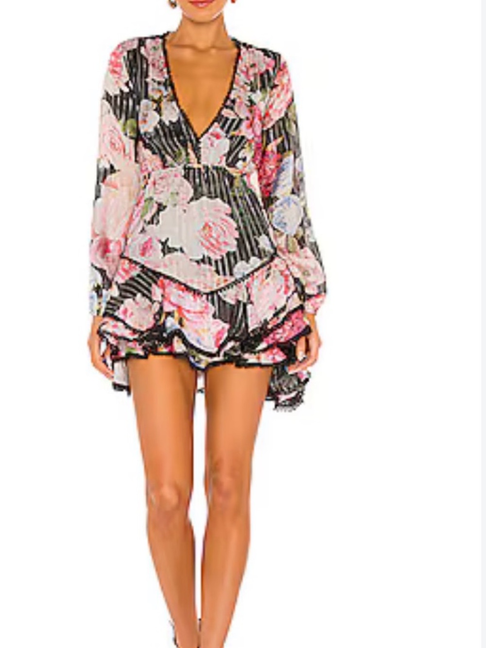 Hemant & Nandita Floral V-Neck Long Sleeve Mini Dress in Pink and Black